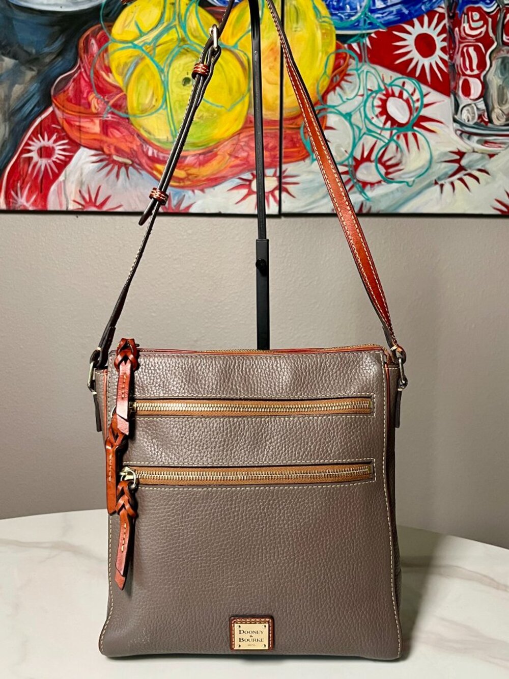Dooney & Bourke Pebble Grain Large Peyton Triple Zip Crossbody in Elephant + COA - Picture 4 of 16